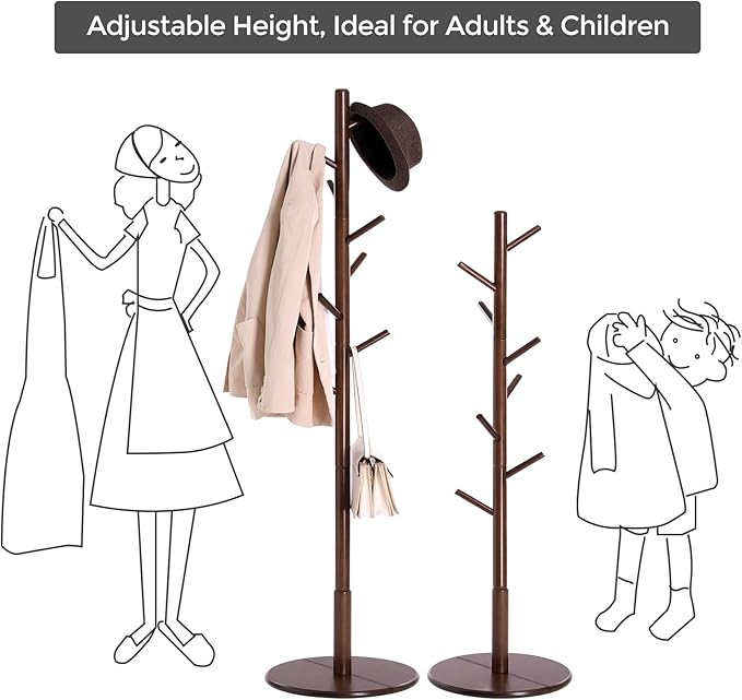 VASAGLE Solid Wood Coat Rack, Free Standing Hall Coat Tree with 8 Hooks, 3 Height Options, for Coats, Hats, Bags, Purses, for Entryway, Hallway, Rubberwood Hooks and Pole, Dark Walnut URCR009W01