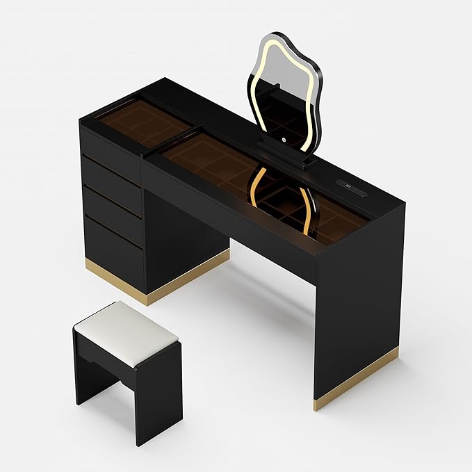 homary Vanity Desk with LED Mirror, Makeup Vanity with Power Outlet and Tempered Glass Top, Makeup Table with 6 Drawers, 3 Lighting Modes Vanity Table with Chair for Bedroom