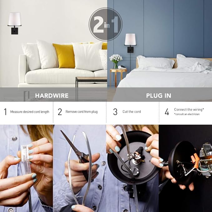 Globe Electric 51515 Valerie 1-Light Plug-in or Hardwire Wall Sconce, 6ft Black Fabric Covered Cord, Inline On/Off Rocker Switch, Dark Bronze with White Shade, Bulb Not Included