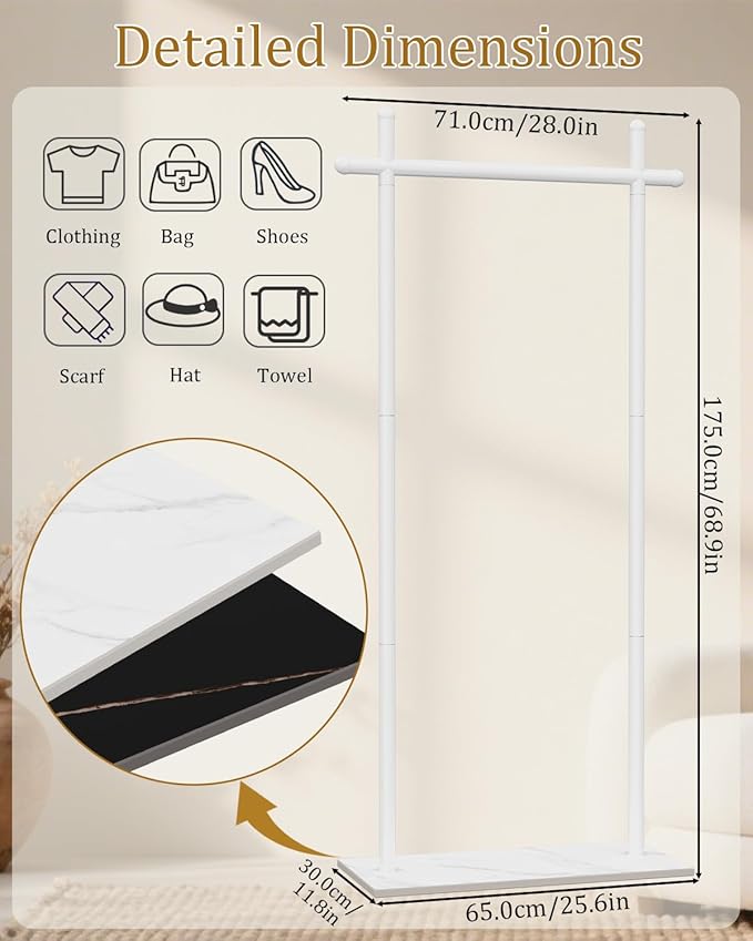 Coat Rack Freestanding with Natural Rock Base, Metal Coat Hanger Stand, Industrial Garment Rack, Clothes Tree, Suitable For Outerwear, Hats, Handbags, 68.9in, White, Large