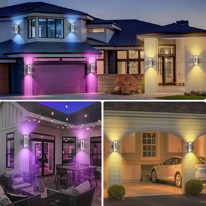 SHIMR Smart Outdoor Wall Lights RGBCW, Modern Color Changing Outdoor Sconce Cylinder Stainless Steel Exterior Light Fixture with Remote, Up and Down Outside Lights for House Home Theater Lighting