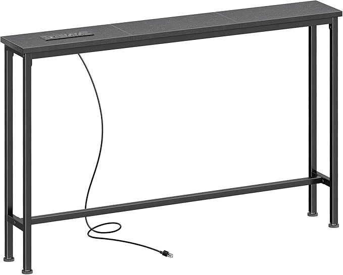 SUPERJARE 5.9 Inch Console Table with Outlet, Sofa Table, Behind Couch Table, 5.9 x 39.4 x 29.1 Inches, Metal Frame, Charging Station, for Living Room, Black