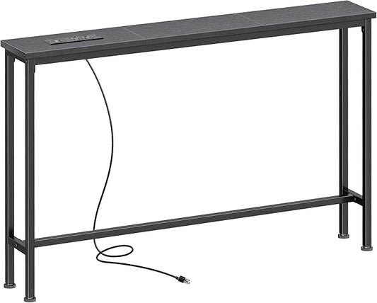 SUPERJARE 5.9 Inch Console Table with Outlet, Sofa Table, Behind Couch Table, 5.9 x 39.4 x 29.1 Inches, Metal Frame, Charging Station, for Living Room, Black