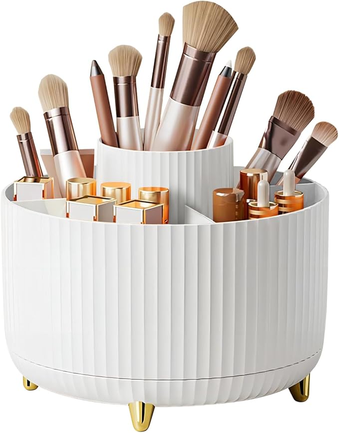 DASITON Large Capacity Makeup Brush Holder,360° Rotating Makeup Organizer,5 Slot Makeup Brushes Cup,for Vanity Decor,Bathroom Countertops,Desk Storage Container,Cosmetic Display cases(White)