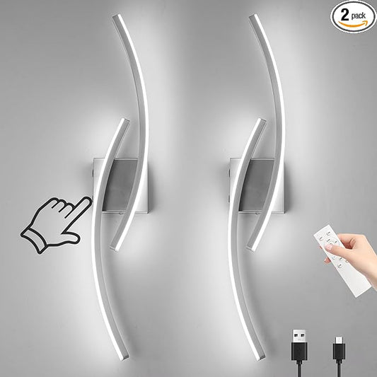 Battery Operated Wall Sconce Set of 2,Brushed Nickel Wall Sconces with Remote Control,3000K-6000K Modern LED Wireless Wall Light for Living Room, Hallway, Bedroom, 39.3 Inch (2 Pack)