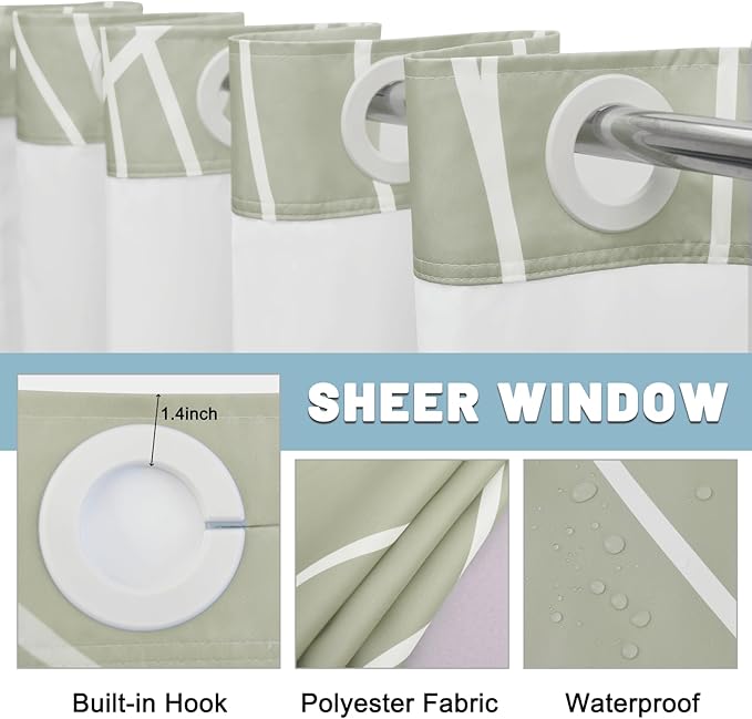 No Hook Ombre Sage Green Striped Shower Curtain with Snap in Liner Set - Hotel Shower Curtain and Liner Set with See Through Mesh Top Window,Machine Washable, 71x74 INCH