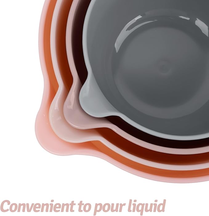 BoxedHome Nesting Plastic Mixing Bowl Set with Pour Spouts and Handles - Non Slip Bottom, BPA free Microwave & Dishwasher Safe(Khaki Pink, 4 Pack)