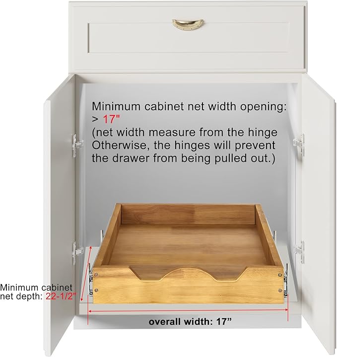 DINDON 1 Tier Pull Out Cabinet Organizer (17" W x 21" D) Single Tier Heavy Duty Slide Out Wood Drawer Under Cabinet Shelf Organization Storage