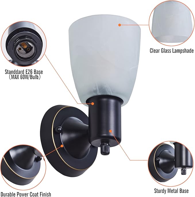 Wall Sconces Set of 2, Matte Black Vanity Lights for Bathroom, Modern Wall Light Fixtures with Rotary Switch, Wall Mount Light with Frosted Glass, Farmhouse Wall Lamp for Bedroom Mirror Living Room