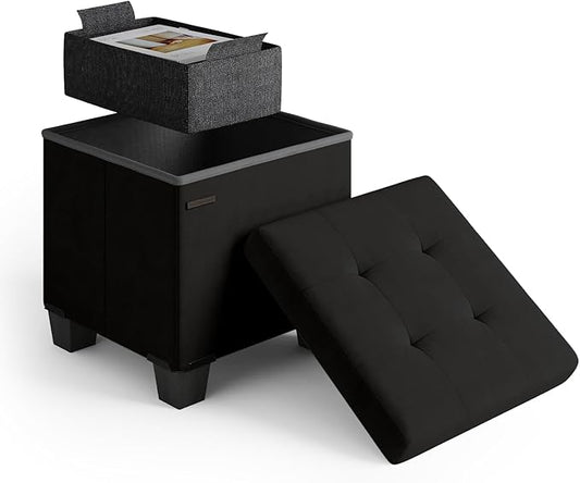 STORAGEBUD Storage Ottoman Cube with Small Bin, 15-in Square Ottoman with Storage for Living Room and Bedroom, Small Ottomans Foot Rest, Velvet Foot Stools Ottomans Max 330lbs, Black