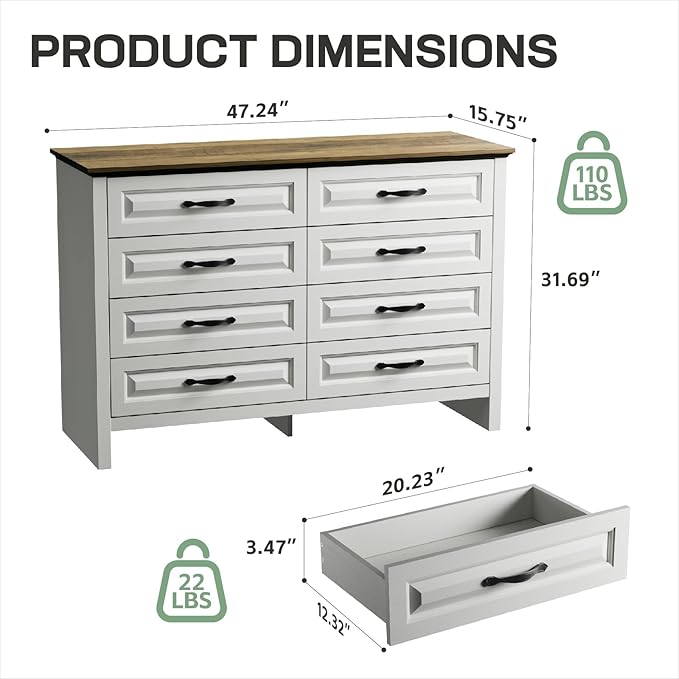 Amada Farmhouse 8 Drawer Dresser for Bedroom, 47.2 Inch Wide Wood Dresser with Natural Texture, Large Drawers, Rustic Farmhouse Chest of Drawers for Bedroom, Living Room, Hallway, Brown & White
