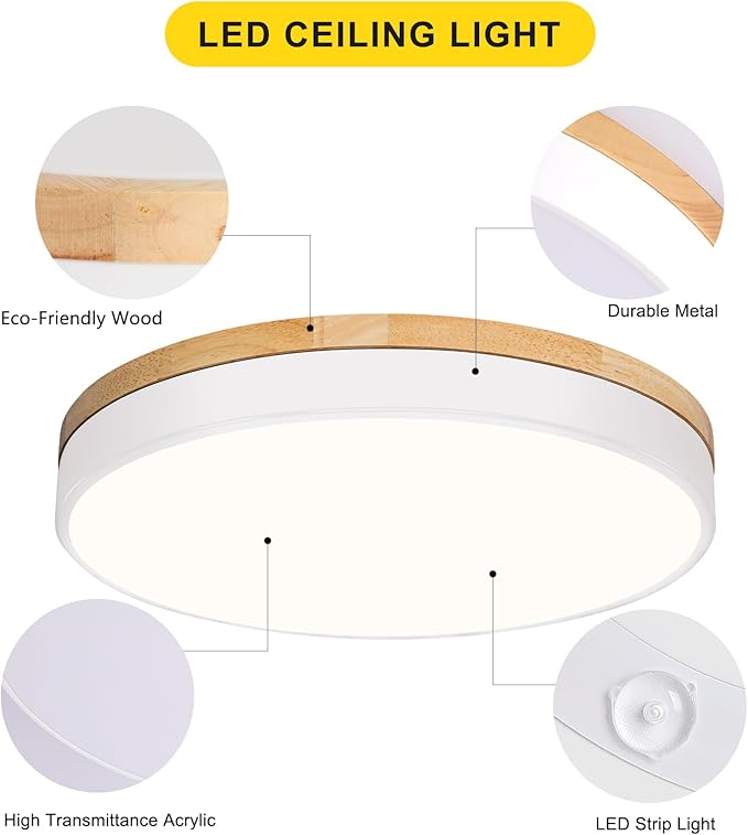 Modern Wood Ceiling Light, White LED Close to Ceiling Lighting Fixtures, Round Flush Mount Ceiling Lamp for Kitchen Bedroom Bathroom Laundry Room Nursery Room Hallway（15.74 Inch）