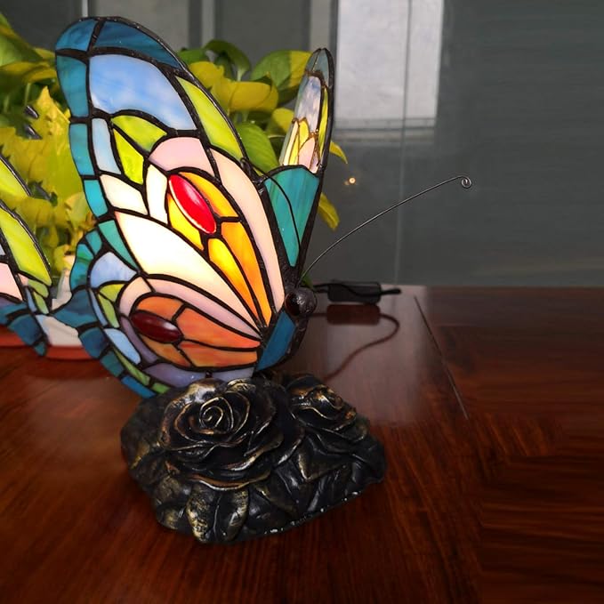 Bedside Table Lamp LED Tiffany Blue Fairy Butterfly Nightstand Table Lamps Stained Glass Shade ON Off Switch Home Office Desk Lamp Night Light Girl Grandma Mothers Day Gifts W/Gift Box