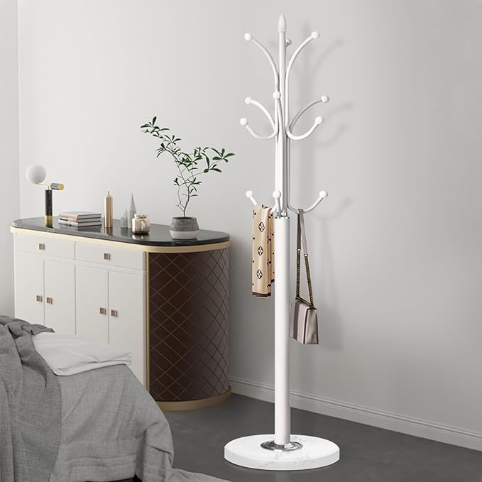 Metal Coat Rack Stand with Natural Marble Base, Coat Rack Freestanding, Free Standing Hall Tree with 12 Hooks for Hanging Clothes, Bags, Scarfs, Coat Hanger for Entryway, Hallway (White)