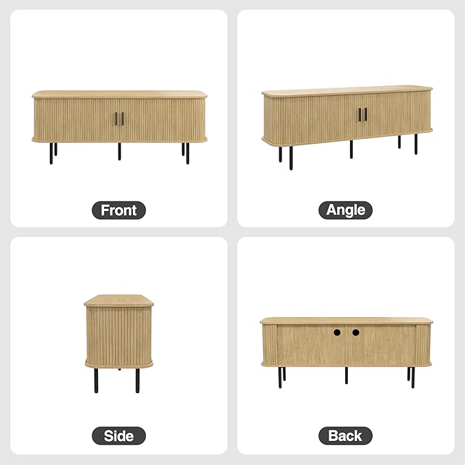55" Natural Fluted TV Stand for TVs up to 65 Inch, Gaming Entertainment Center with Tambour Slatted Sliding Doors and Storage Cabinet, Media TV Consoles Table for Living Room, Office