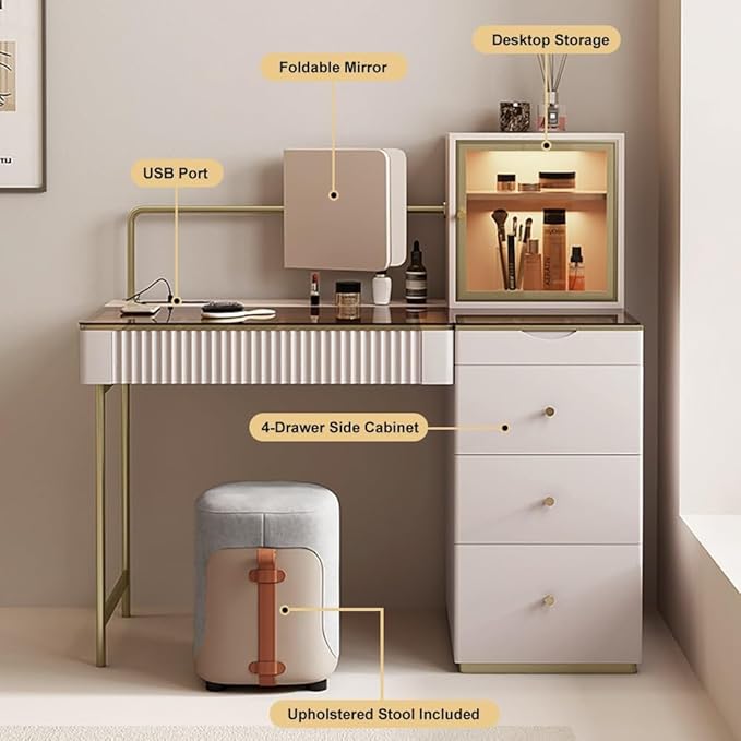 homary Modern Makeup Vanity Set with Charging Station, Makeup Table with 5 Drawers, Jewelry Storage, Vanity Desk with Foldable Mirror, Dressing Table with Stool for Bedroom (Champagne)
