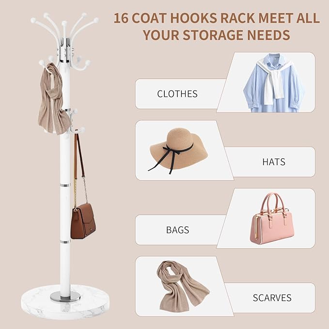 Modern Metal Coat Rack Stand, 360°Rotary Coat Rack Freestanding with Natural Marble Base, White Sturdy Coat Racks with 16 Hooks, Coat Racks Hall Tree Stand for Entryway (White)