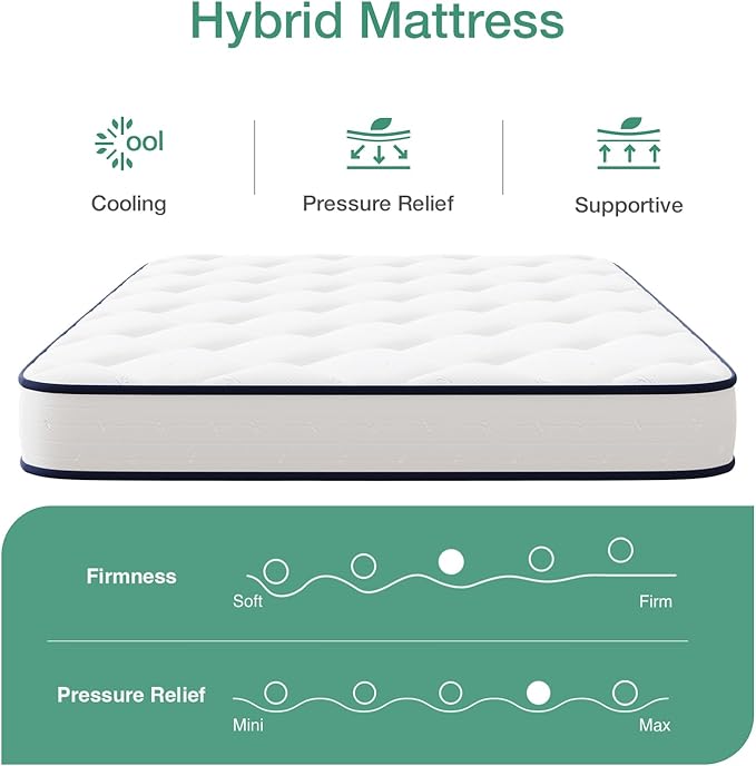 Novilla Full Mattress 6 inch,Bonnell Spring Hybrid Mattress for Spine Support & Cooling Comfort - Adaptive Foam Layer with Medium Firm - CertiPUR-US Certified for Youth/Guest Rooms