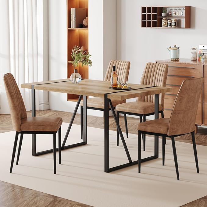 Dining Table Chairs Set for 4, Modern Rectangular Dining Room Table Set PU Leather Upholstered Dining Chairs 55" Dinner Table Set for Kitchen, Dining Room (Dining Table Set for 4, Brown)