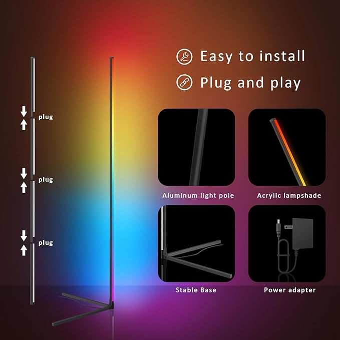 Smart RGB Floor Lamp with Remote Control, Color Changing LED, App Compatible, Black