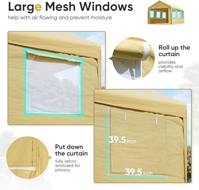 ADVANCE OUTDOOR 12x20 ft Car Canopy Garage Heavy Duty Carport Boat Shelter Party Tent, Adjustable Peak Height from 9.5ft to 11ft, with Removable Window Sidewalls and Doors, Beige