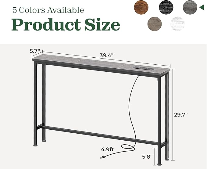 SUPERJARE 5.9 Inch Console Table with Outlet, Sofa Table, Behind Couch Table, 5.9 x 39.4 x 29.1 Inches, Metal Frame, Charging Station, Charcoal Grey