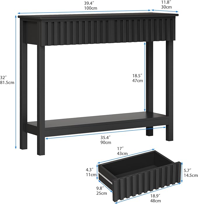 Fluted Console Table with 2 Drawers Narrow Sofa Table with Open Storage Shelf Modern Behind Couch Tables Long Entryway Table for Foyer Hallway
