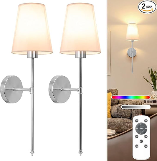 NIORSUN 25.4 inch Brushed Nickel Battery Operated Wall Sconce Set of 2,Rechargeable Wall Lights with Dimmable Detachable Bulbs and Remote,9 Colors Wireless Sconces for Bedroom Living Room Hallway