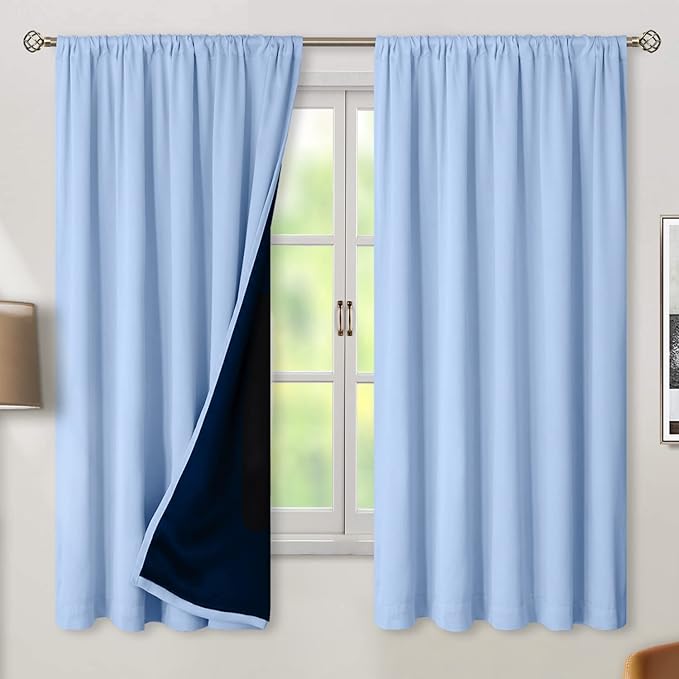 BGment Full Blackout Curtains with Thermal Insulation Liner Curtains 63 Inches Long, Rod Pocket and Back Tab Double Layer Room Darkening Window Curtain for Bedroom(52 x 63 Inch, 2 Panels, Light Blue)