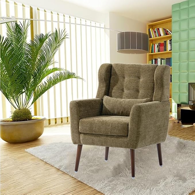 Accent Chair, Comfy Upholstered Living Room Chairs with High Tufted Backrest and Pillow, Wingback Reading Chair with Solid Wood Legs for Bedroom/Office, Chenille Fabric, Olive Green