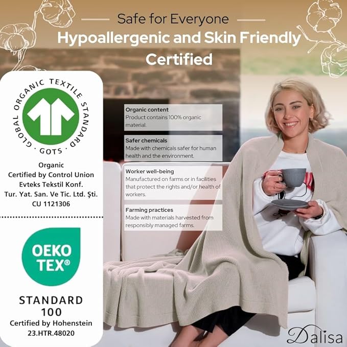 Dalisa 100% Organic Turkish Cotton Throw Blanket - GOTS Certified, Cozy - Perfect for Couch, Bed, and Home Decor - Boho Vintage Knit Alina (Birch, 50x60)