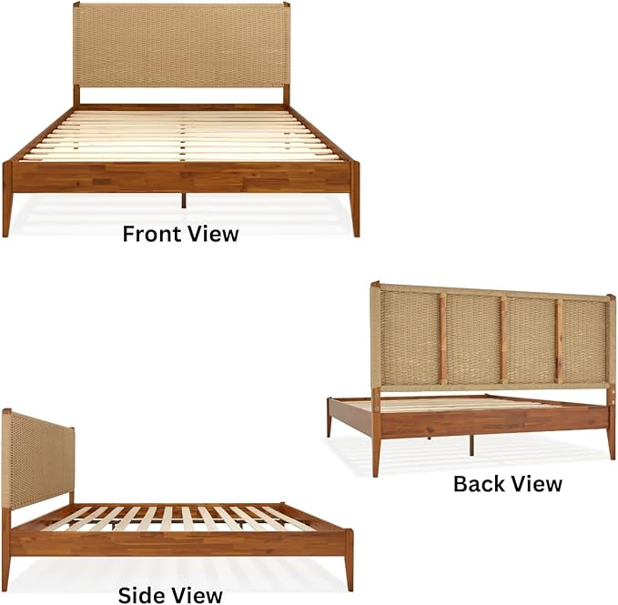 Bme Selina King Bed Frame and Headboard - Handcrafted Paper Cord Headboard, 12-Slat Support, No Box Spring Needed - Easy Assembly, Caramel