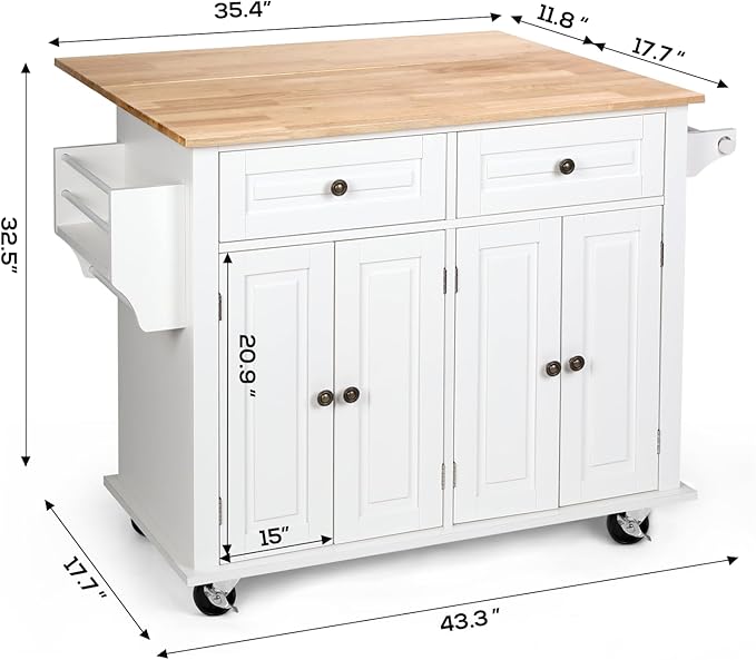 VOWNER 43" W Kitchen Island with Drop Leaf, Rolling Kitchen Island with Drawers, Floating Kitchen Cart with Spice Rack & Towel Rack, Portable Island Kitchen with Storage, Isla para Cocina (White)
