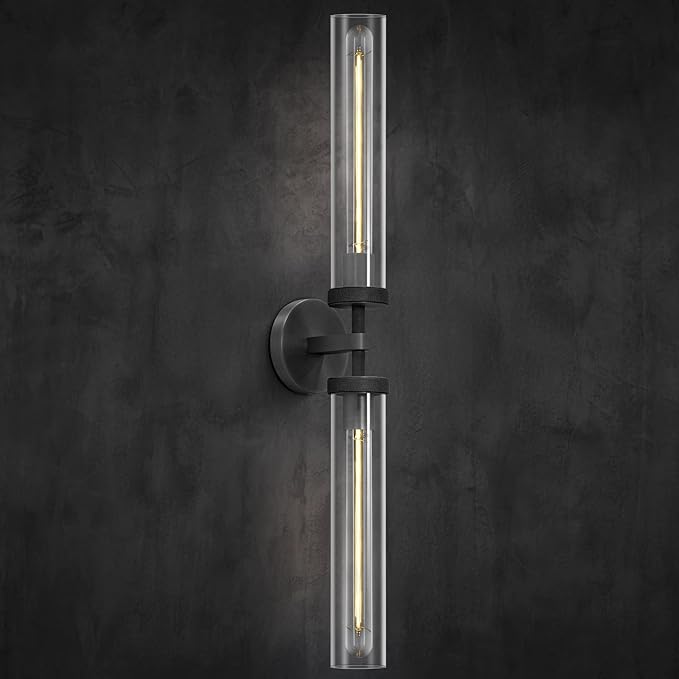 Black Wall Sconces Hardwired, 30" Bronze Wall Sconce for Bathroom, Linear Sconces Wall Lighting, 2-Light Knurled Wall Sconce Dimmable, Vanity Light with Tube Glass, Bathroom Light Fixtures over Mirror