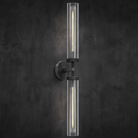 Black Wall Sconces Hardwired, 30" Bronze Wall Sconce for Bathroom, Linear Sconces Wall Lighting, 2-Light Knurled Wall Sconce Dimmable, Vanity Light with Tube Glass, Bathroom Light Fixtures over Mirror