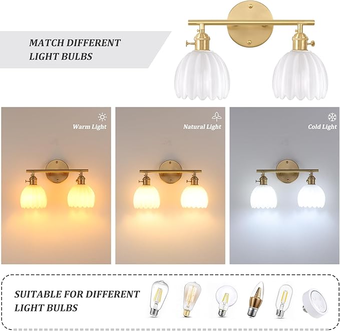 Bathroom Light Fixtures, 2-Light Brass Vanity Wall Light Over Mirror with White Tulip Glass Shade for Bedroom Living Room