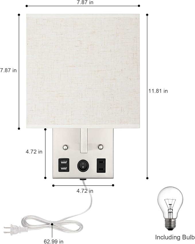 Black Wall Sconces Set of Two, Bedside Wall Lights for Bedroom, Plug in Wall Sconce with USB Ports and Outlets, Modern Wall Lamp for Mirror Kitchen Living Room Hallway, E26 Base (LED Bulbs Included)