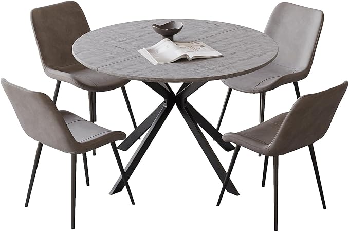 46.4" Round Dining Table Set with 4 Chairs, Modern Dining Set with Comfortable PU Leather Chairs, Sturdy MDF Table with X-Shaped Base, Easy Assembly, Ideal for Dining Room or Kitchen