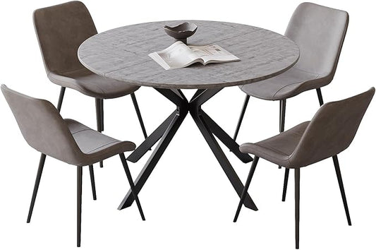 46.4" Round Dining Table Set with 4 Chairs, Modern Dining Set with Comfortable PU Leather Chairs, Sturdy MDF Table with X-Shaped Base, Easy Assembly, Ideal for Dining Room or Kitchen