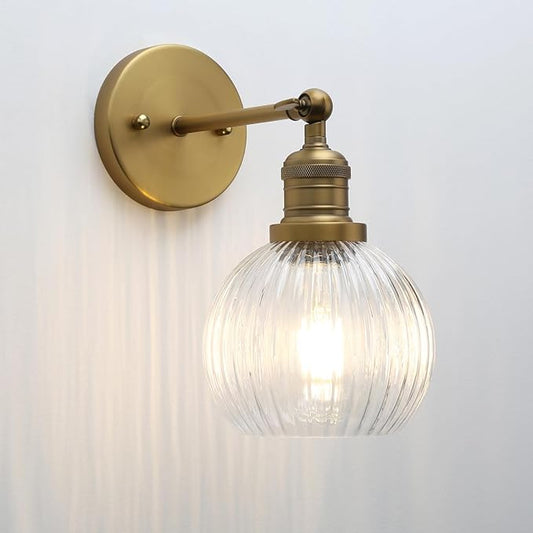 Vintage Wall Sconce 1-Light with Clear Striped Glass Globe Shade, Hardwired Modern Indoor Wall Vanity Light Fixture for Farmhouse Living Room Bedroom Bathroom