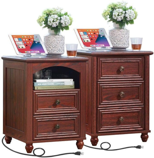 18" Farmhouse Night Stand Set 2 with Charger Station, RedOak 2 & 3 Drawers Wood Nightstand, Bedside End Table with Storage and Roman Column, Bed Side Tables Cabinet for Bedroom Living Room and Closet