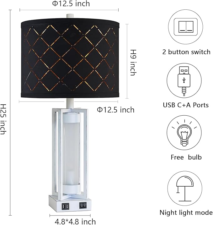 RORIANO 25" Set of 2 Farmhouse Table Lamps with USB C+A Ports, Rustic Retro Nightstand Lamps with White Night Light, Black Grid Shade, Desk Lamps for Bedroom Bedside, 4 Bulbs Included