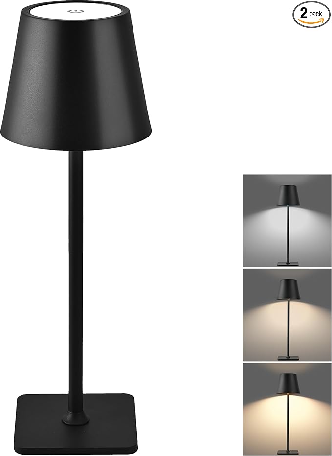 Cordless Table Lamp, Rechargeable lamp Portable, 5200mAh Battery Operated Lamp, 3 Color Stepless Dimming Up, Table Lamps Set of 2 for Restaurant/Bars/Outdoor Party/Camping/Coffee Shop (Black)