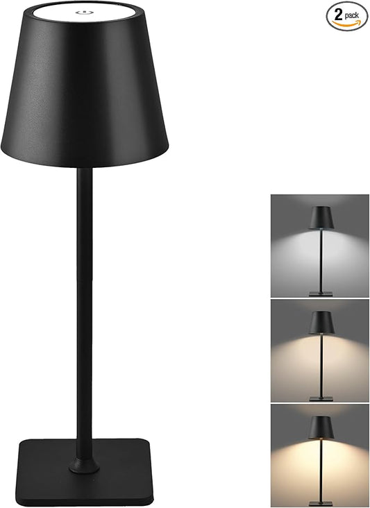Cordless Table Lamp, Rechargeable lamp Portable, 5200mAh Battery Operated Lamp, 3 Color Stepless Dimming Up, Table Lamps Set of 2 for Restaurant/Bars/Outdoor Party/Camping/Coffee Shop (Black)