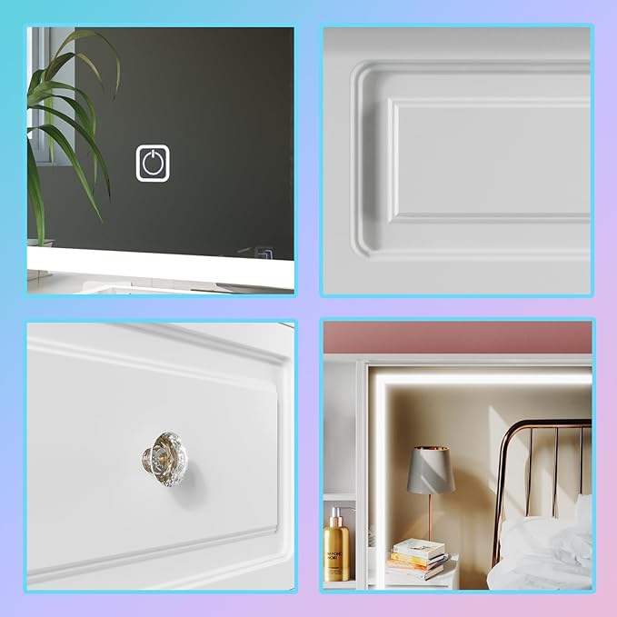 Makeup Vanity Desk with Mirror and Lights, 47" Large Vanity Table with 9 Drawers & 10 Open Storage Shelves, Brightness Adjustable, Dressing Table for Bedroom, Women Girl (White, A Panel)