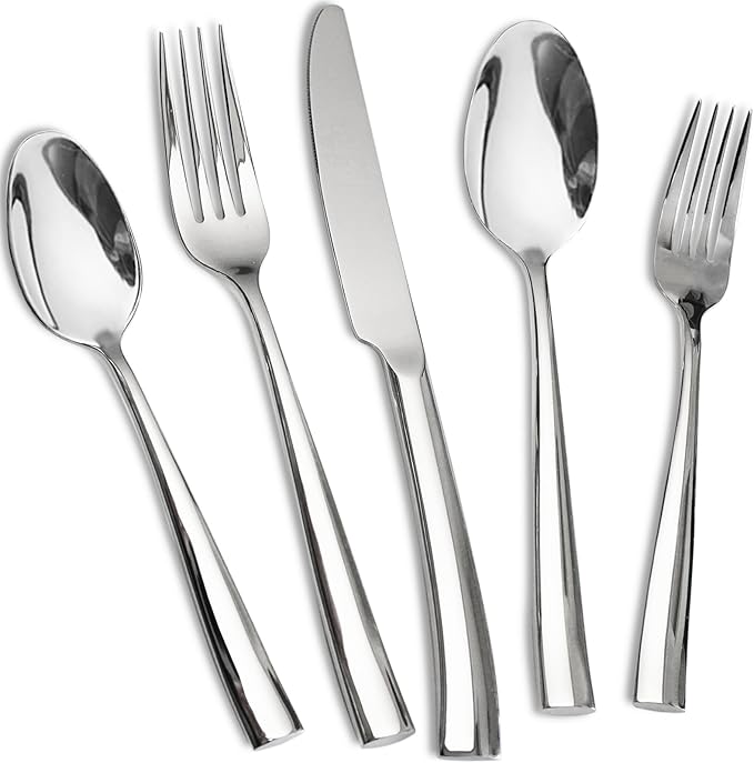 18/10 5-Piece Silverware Set, Glossy Flatware Set Stainless Steel, Modern Cutlery Set, Service for 1, Mirror Finish Dishwasher Safe