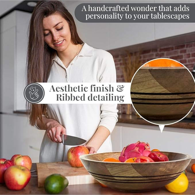 Folkulture Wooden Fruit Bowl for Kitchen Counter | 11" Large Premium Eco Friendly Banana Fruit Basket for Kitchen | Mango Wood Bowl for Table Decor, Centerpiece for Dining Table