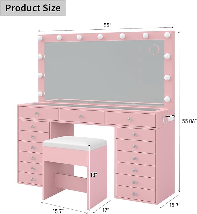 55" W Vanity Desk, Makeup Vanity with Charging Station, 15 Drawers with Lighted Mirror, 3 Lighting Modes, Brightness Adjustable, Glass Top, Vanity Table with Chair for Bedroom, Pink