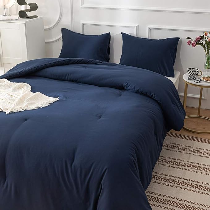Cottonight Navy Blue Comforter Queen Set Dark Blue Bedding Comforter Set Full Solid Navy Blanket Quilts Men Boys Breathable Soft Navy Blue Comforter with 2 Pillowcases