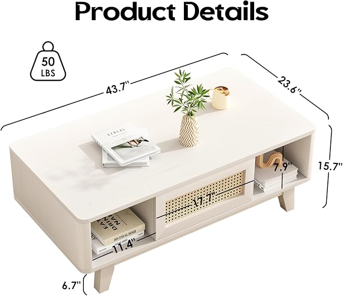 Soohow Coffee Table, Mid Century Living Room Tables with Storage, Modern Square with Rattan Drawer, Wooden Living Room Table with Solid Wood Leg